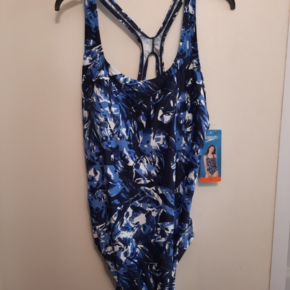Speedo Blue White and Navy Palm Leaf Print Swimsuit One Piece - Picture 8 of 16